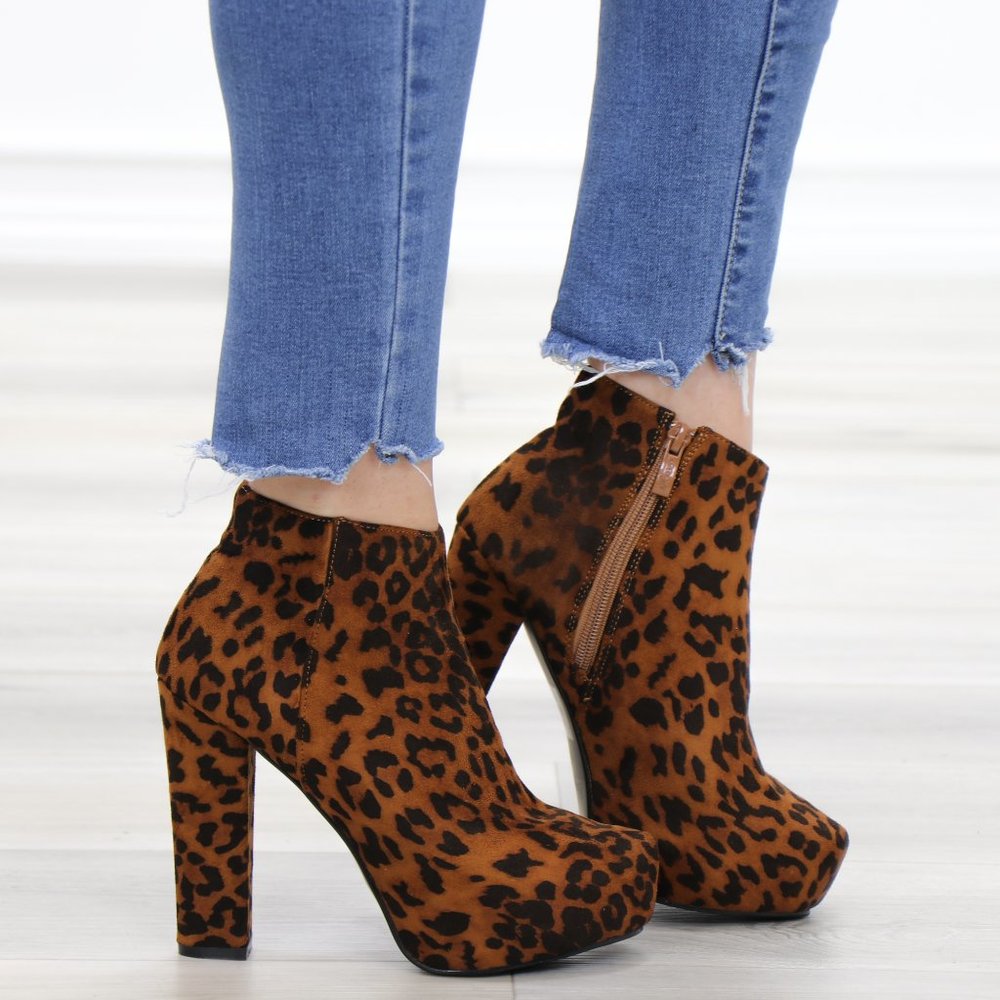 Platform Leopard Suede Ankle Heeled Booties - Picture 2 of 14